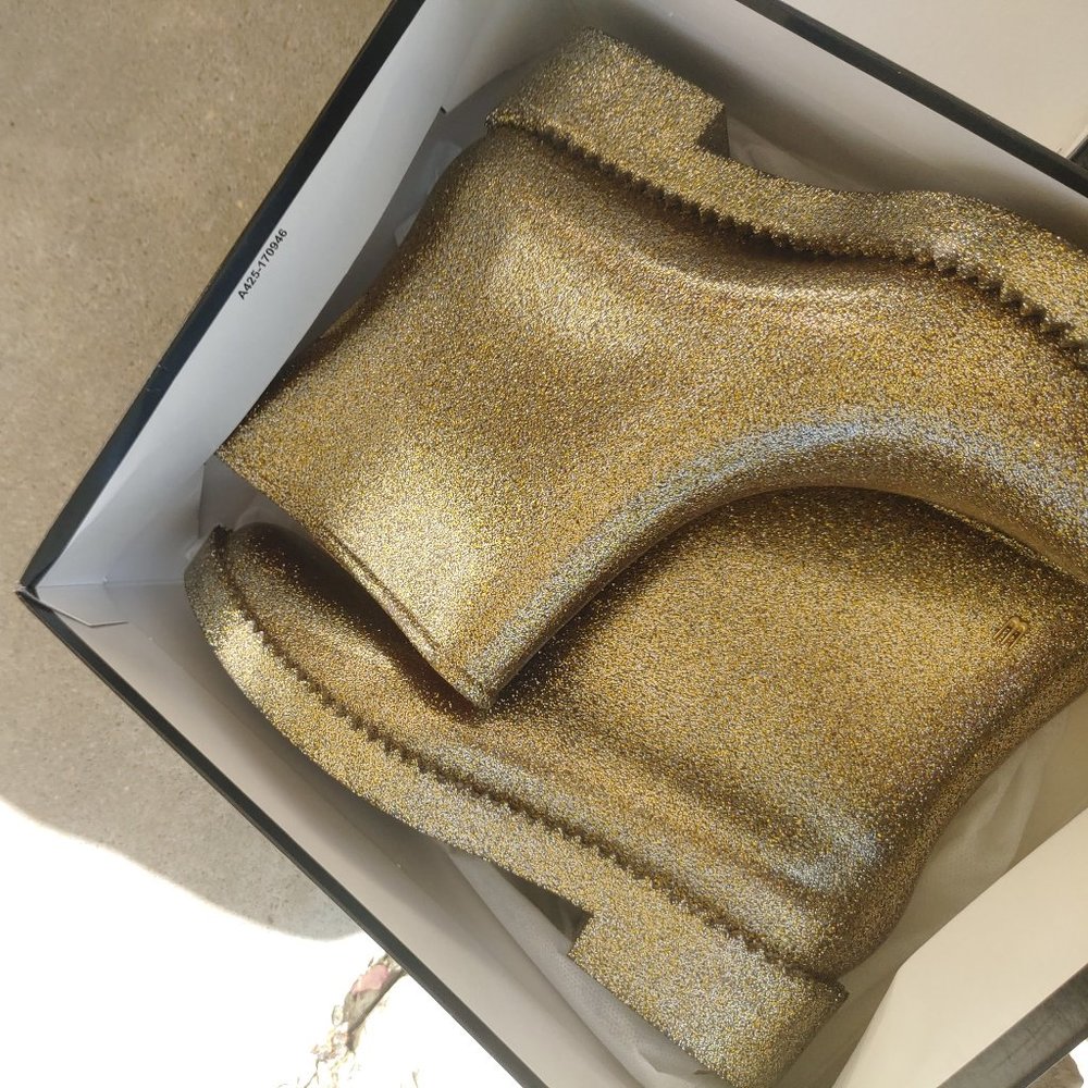 NWT Melissa Rubber Rain Drop Gold Glitter Jagged Edge Ankle Rain Boot 8